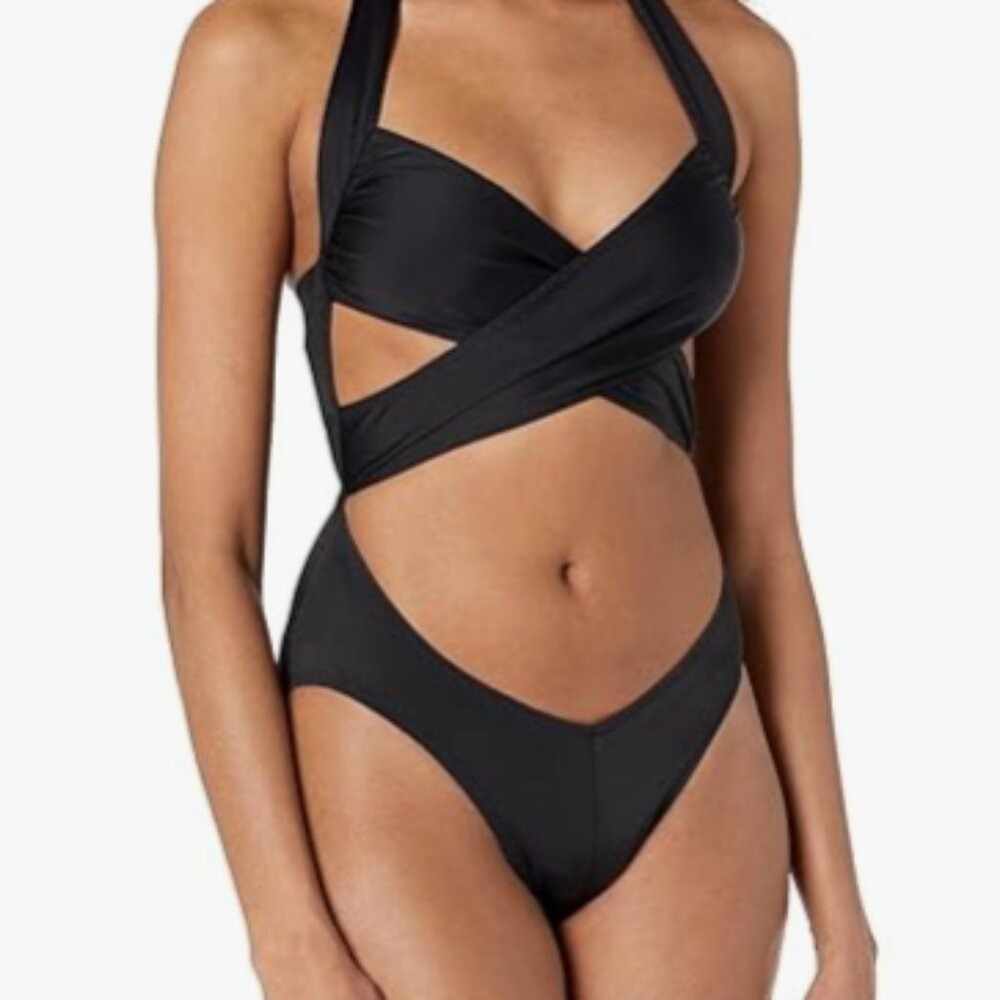 Norma Kamali Black Crisscross Halter Cutout One Piece Swimsuit